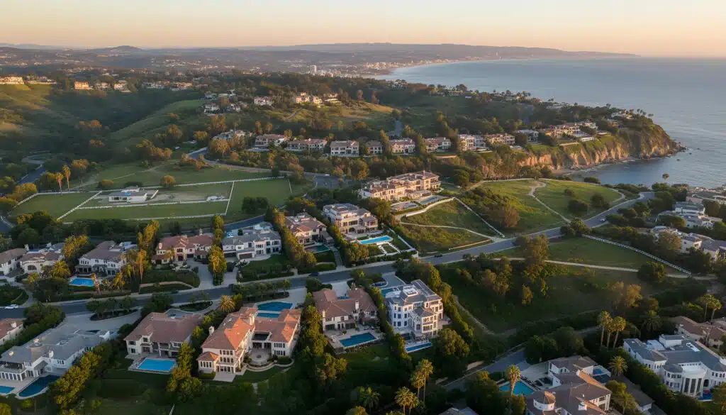 Aerial view of a coastal neighborhood in California.