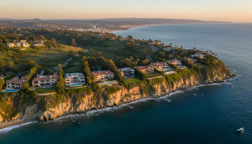 Aerial view of luxurious cliffside homes in California.